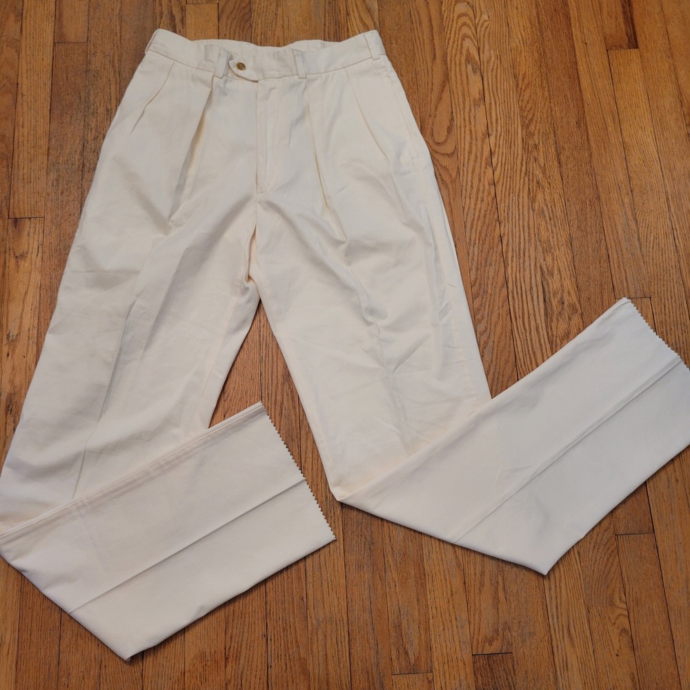 Vintage Bills Khakis 34 Dress Pants Cream Pleated Cotton USA Unhemmed Preppy